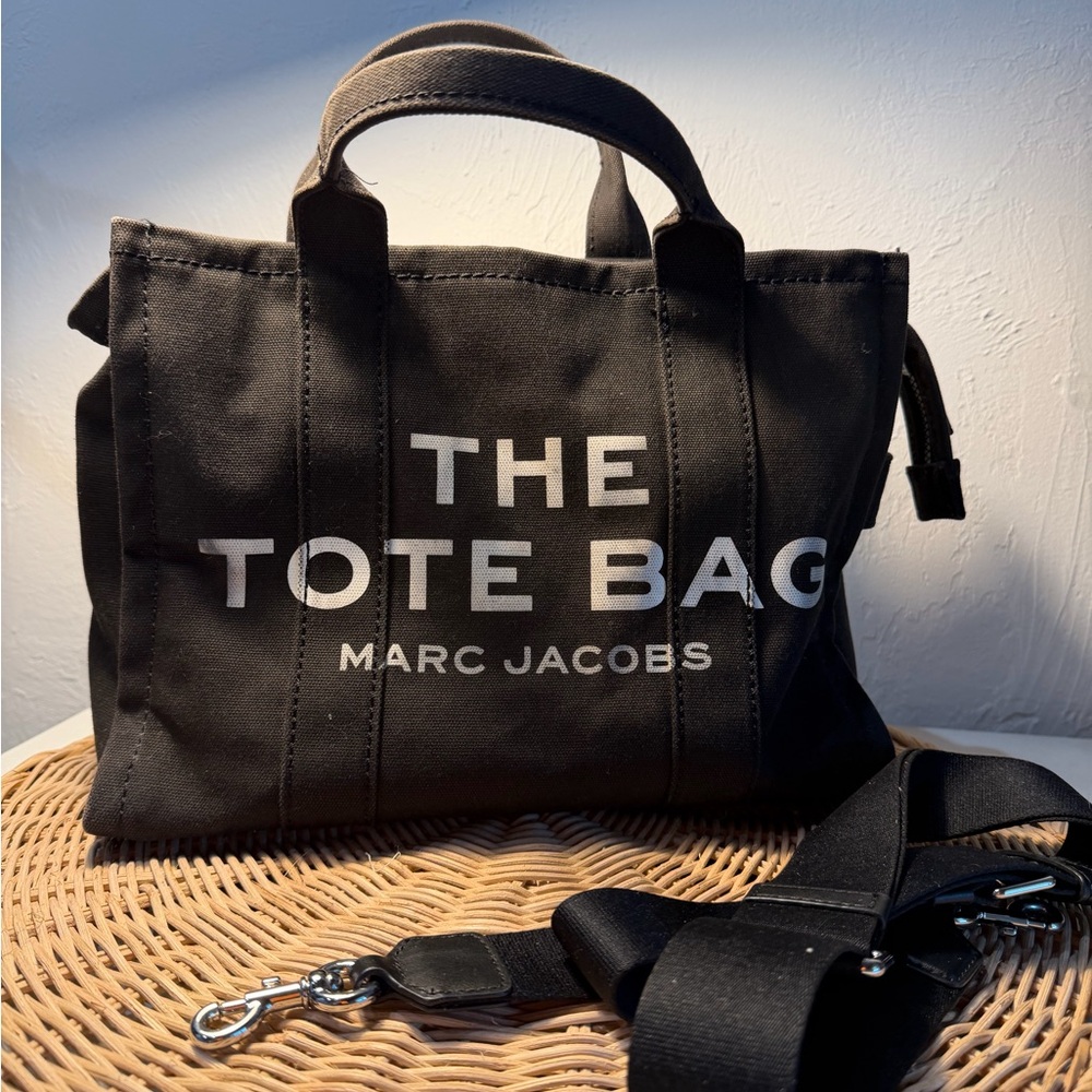 Marc Jacobs Black Canvas Messenger Tote with White Logo
